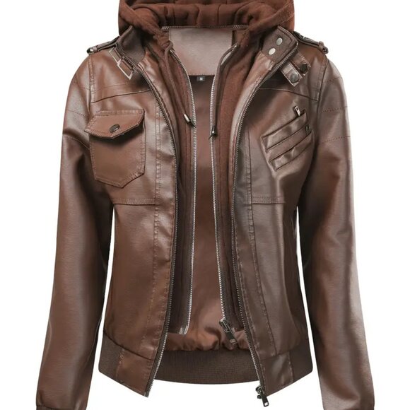 Hooded Coffee Motorcycle Biker Style Jacket - Picture 1 of 5